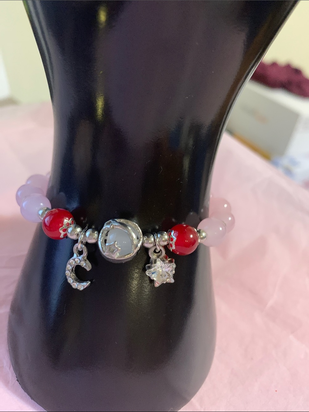 Silver Moon & Star Charm Beaded Bracelet - Pink & Red